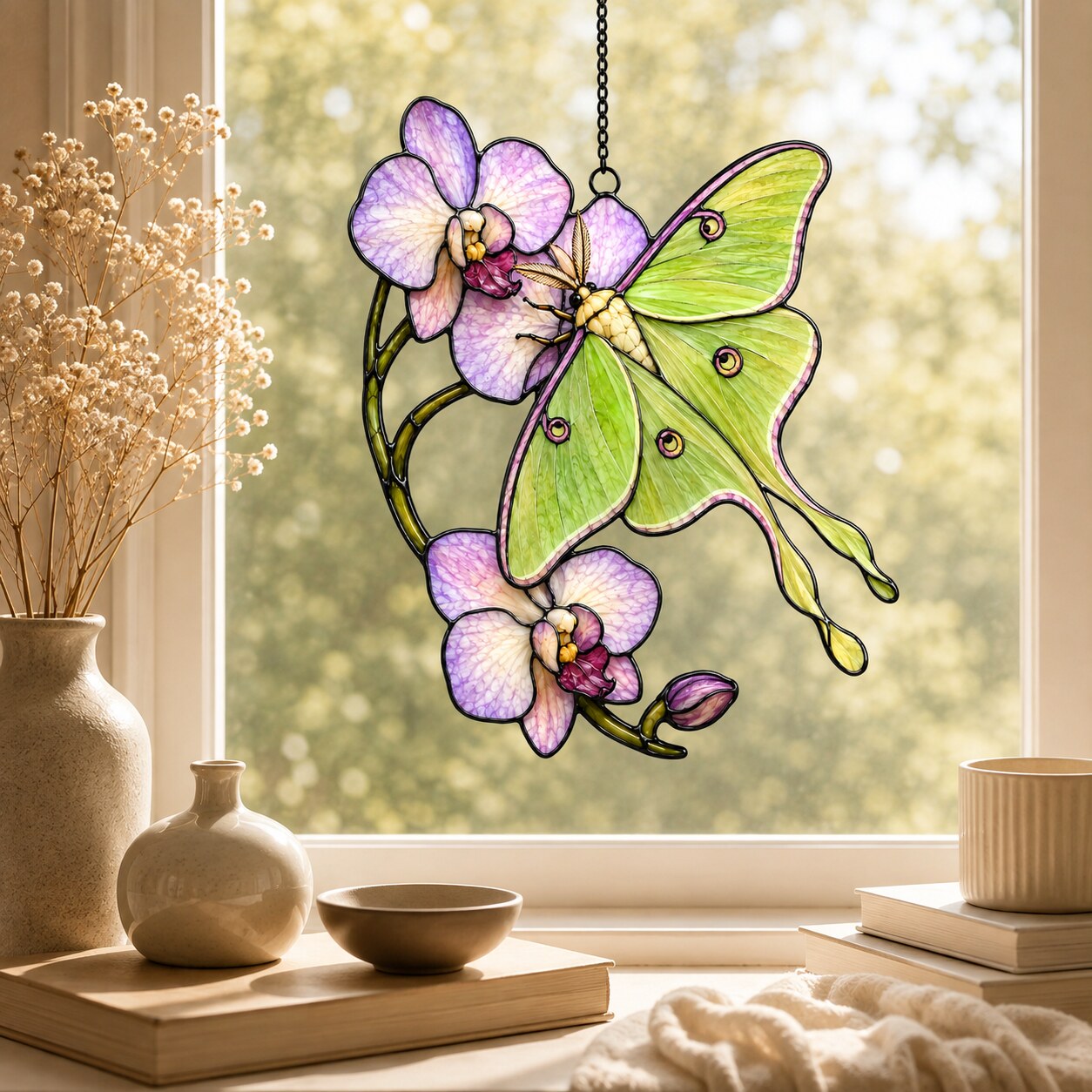 Luna Moth & Purple Orchid Holographic Acrylic Suncatcher