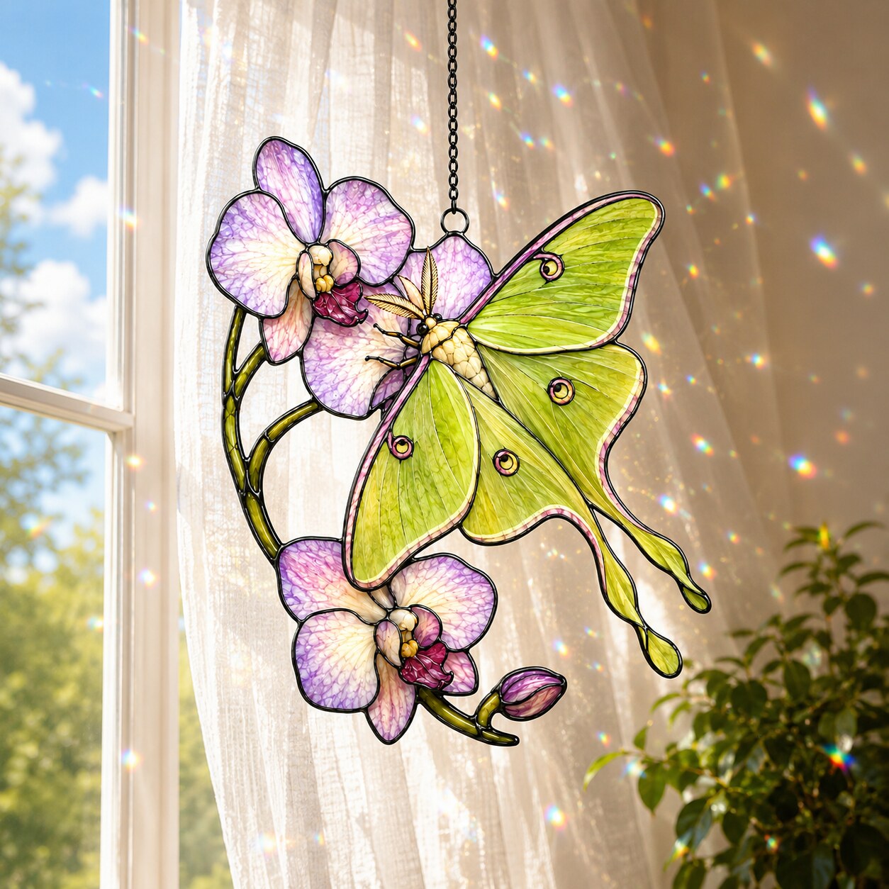 Luna Moth & Purple Orchid Holographic Acrylic Suncatcher