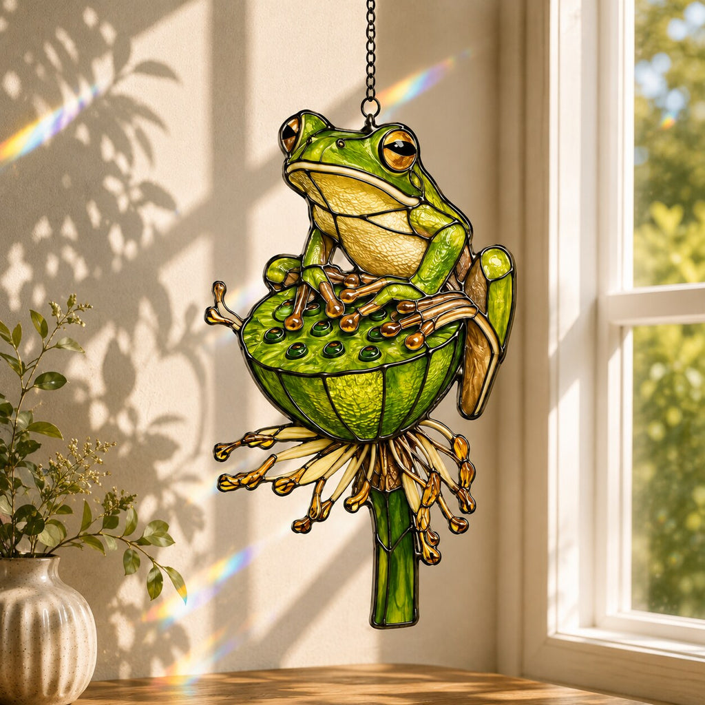 Green Tree Frog & Lotus Pod Holographic Acrylic Suncatcher