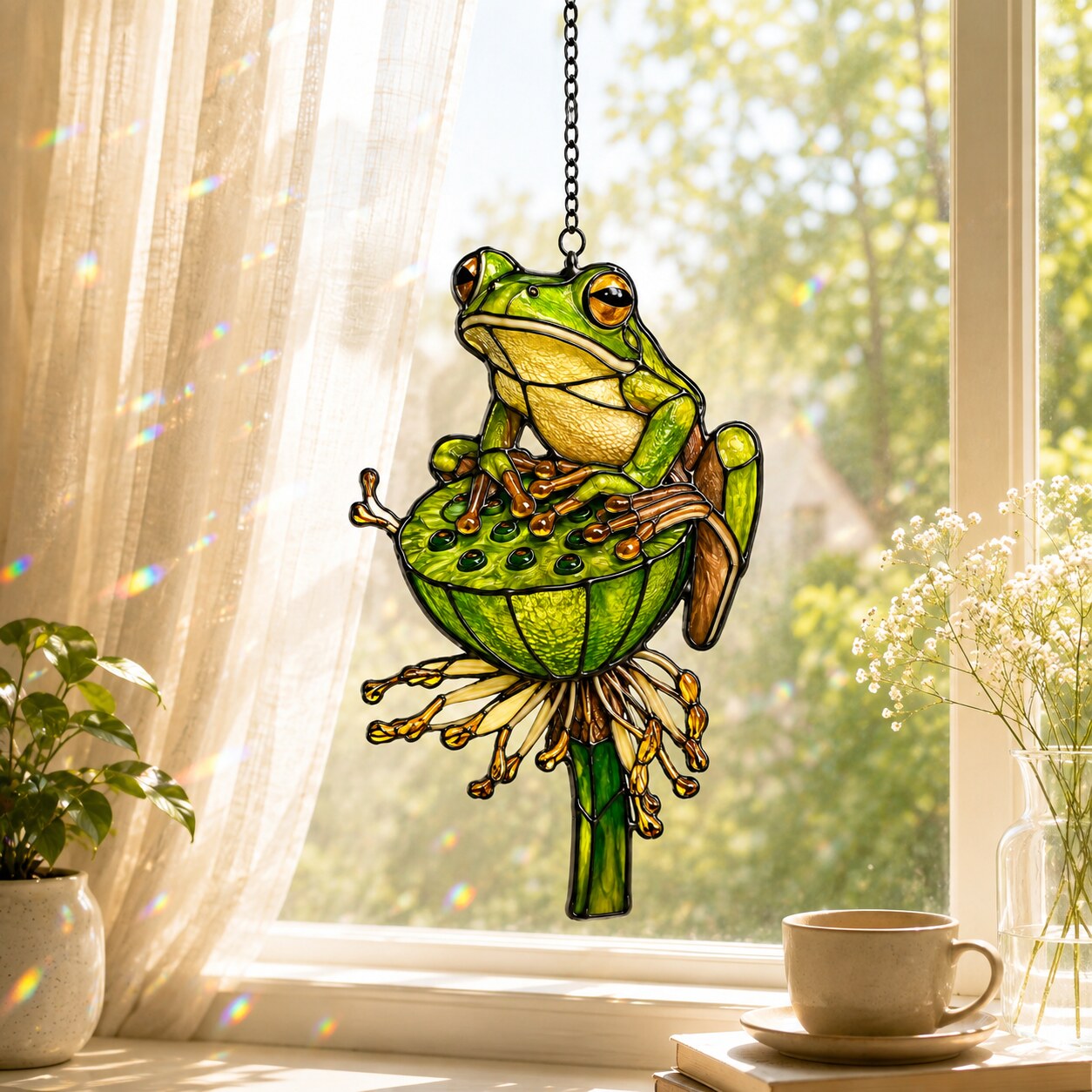Green Tree Frog & Lotus Pod Holographic Acrylic Suncatcher