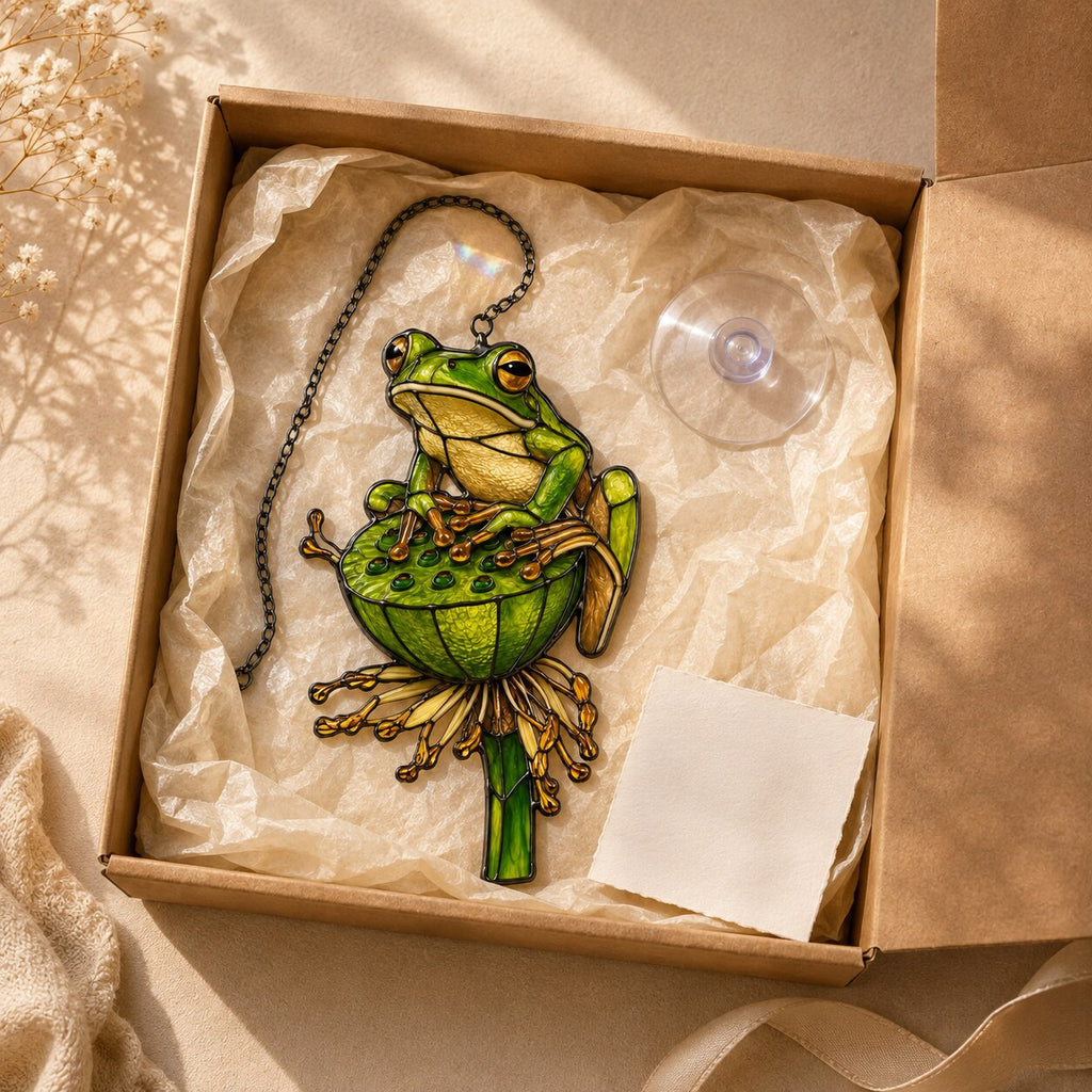 Green Tree Frog & Lotus Pod Holographic Acrylic Suncatcher