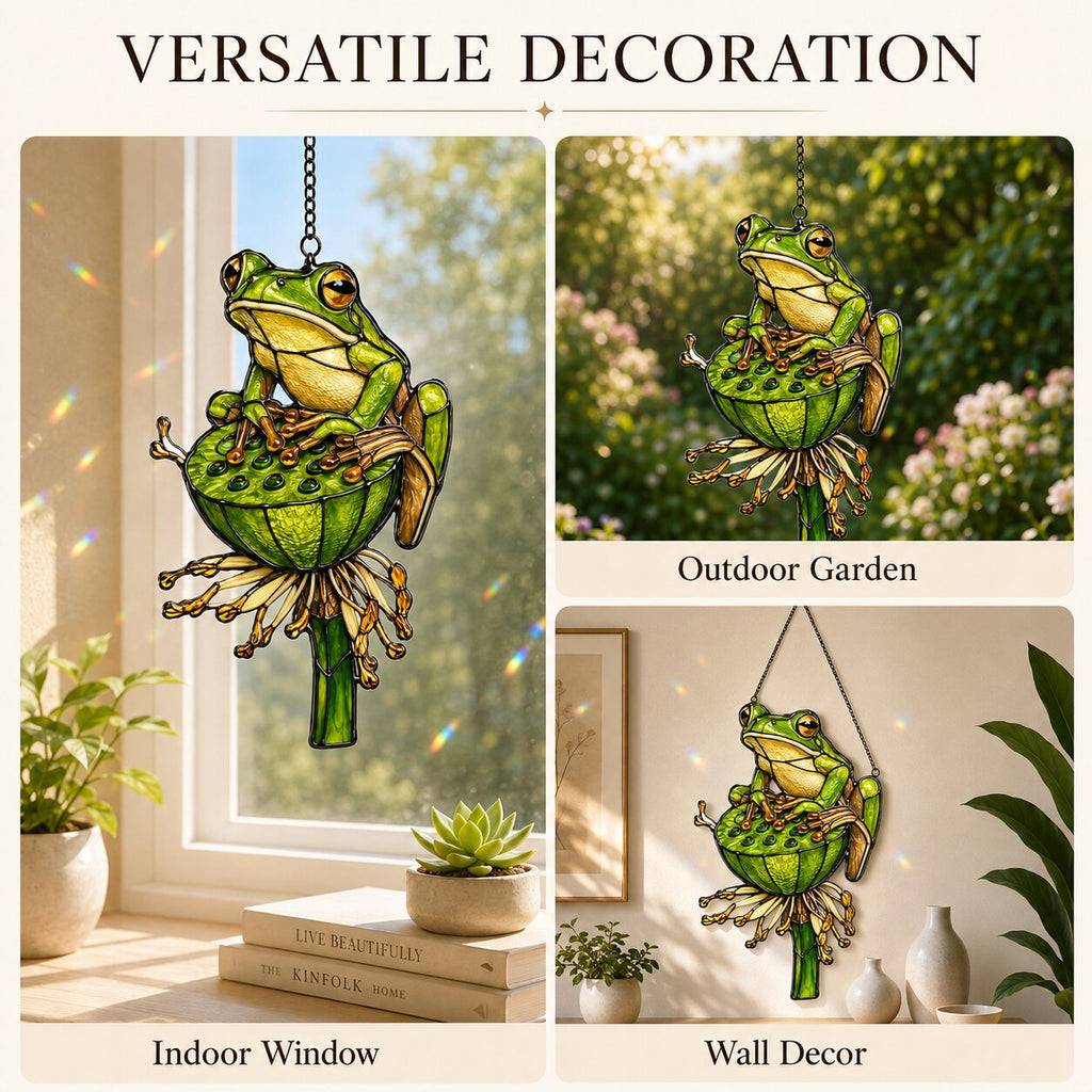 Green Tree Frog & Lotus Pod Holographic Acrylic Suncatcher