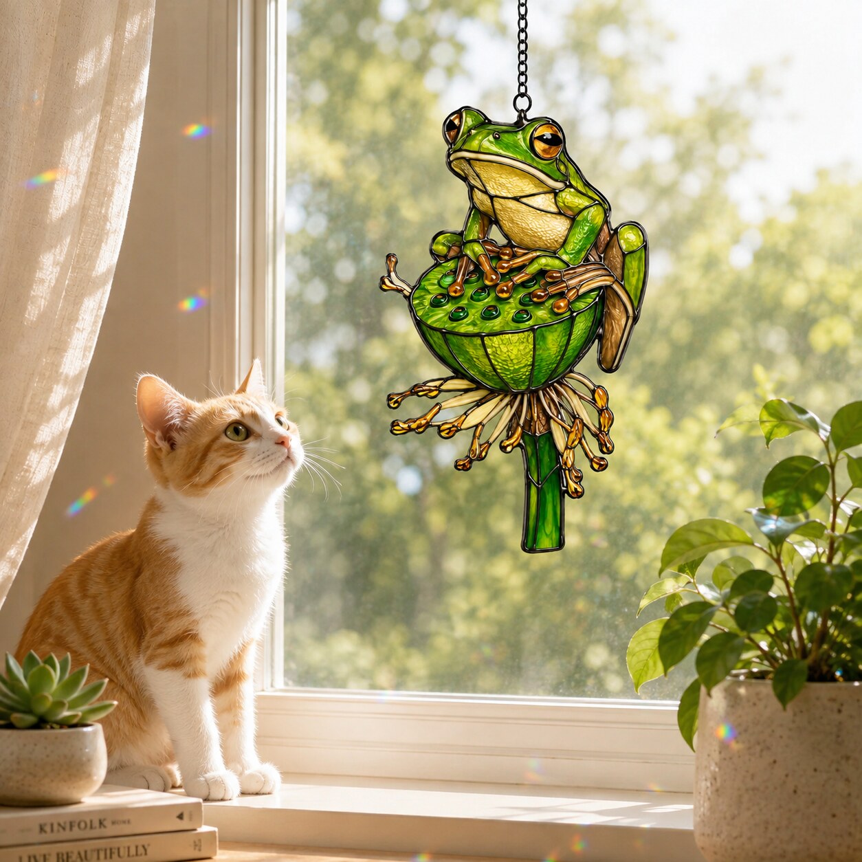 Green Tree Frog & Lotus Pod Holographic Acrylic Suncatcher