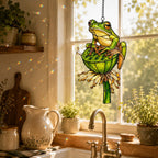 Green Tree Frog & Lotus Pod Holographic Acrylic Suncatcher