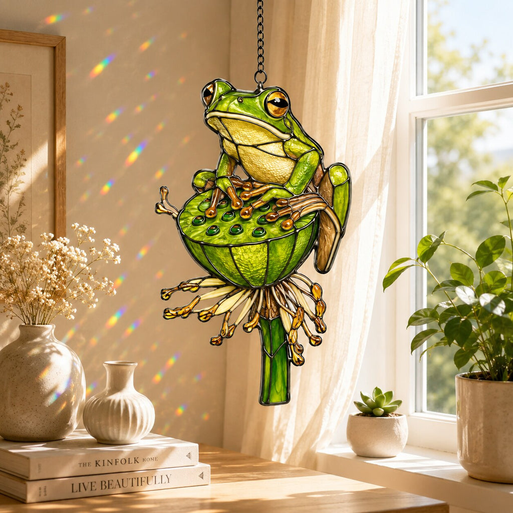 Green Tree Frog & Lotus Pod Holographic Acrylic Suncatcher