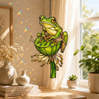 Green Tree Frog & Lotus Pod Holographic Acrylic Suncatcher