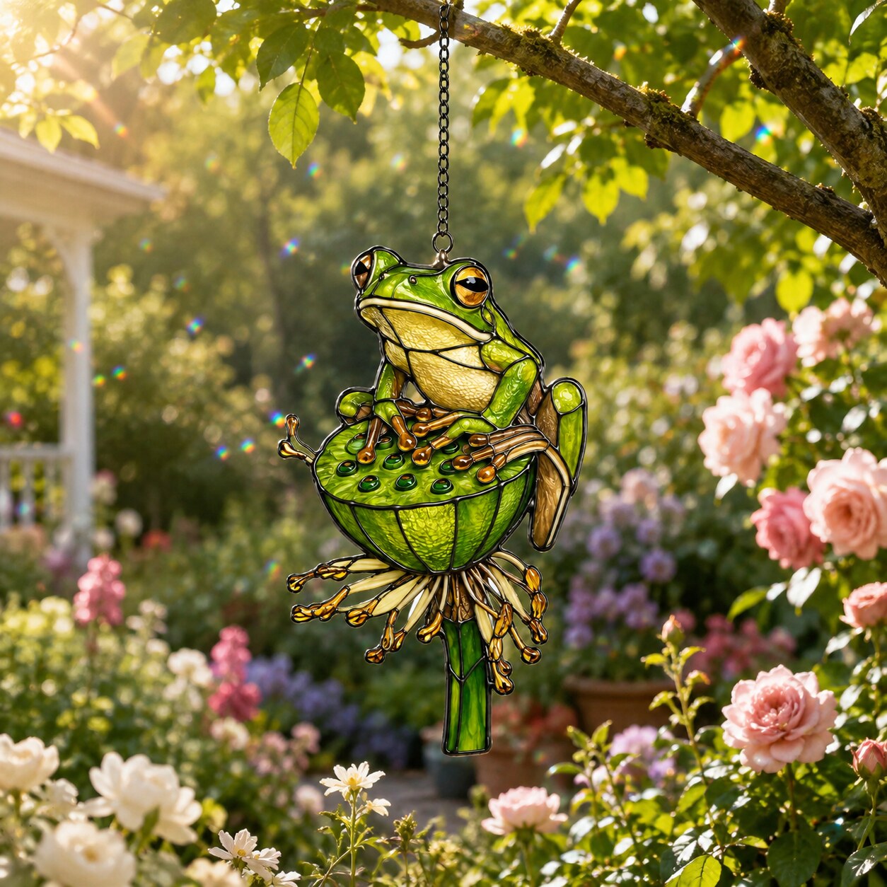 Green Tree Frog & Lotus Pod Holographic Acrylic Suncatcher