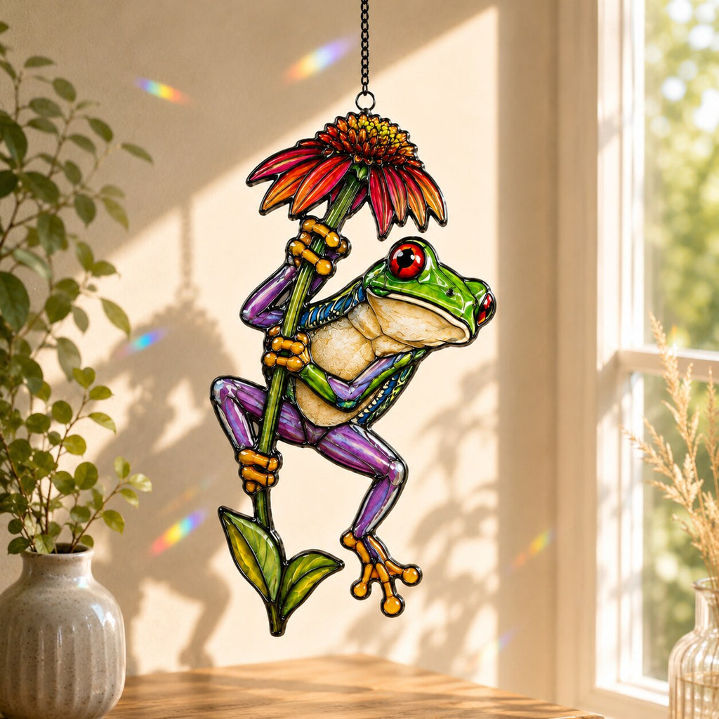 Red-Eyed Tree Frog & Coneflower Holographic Acrylic Suncatcher