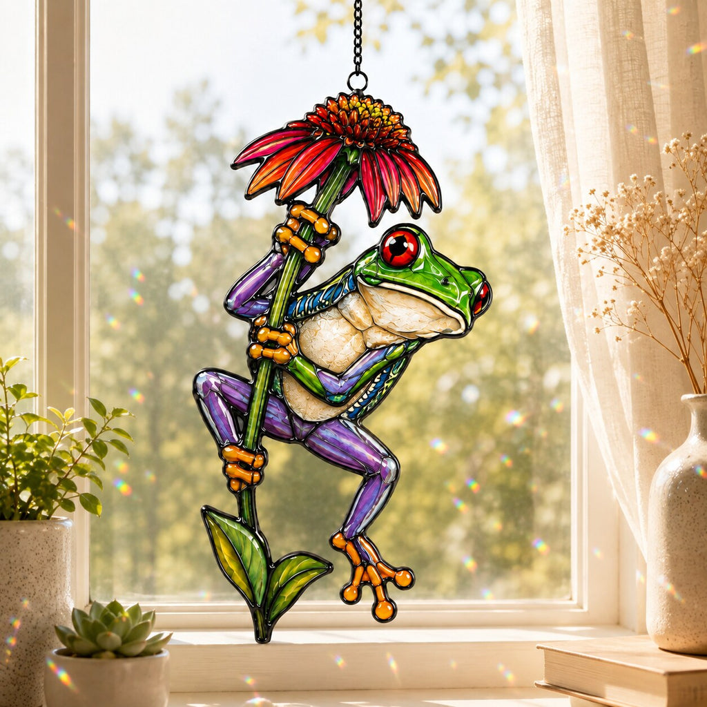 Red-Eyed Tree Frog & Coneflower Holographic Acrylic Suncatcher