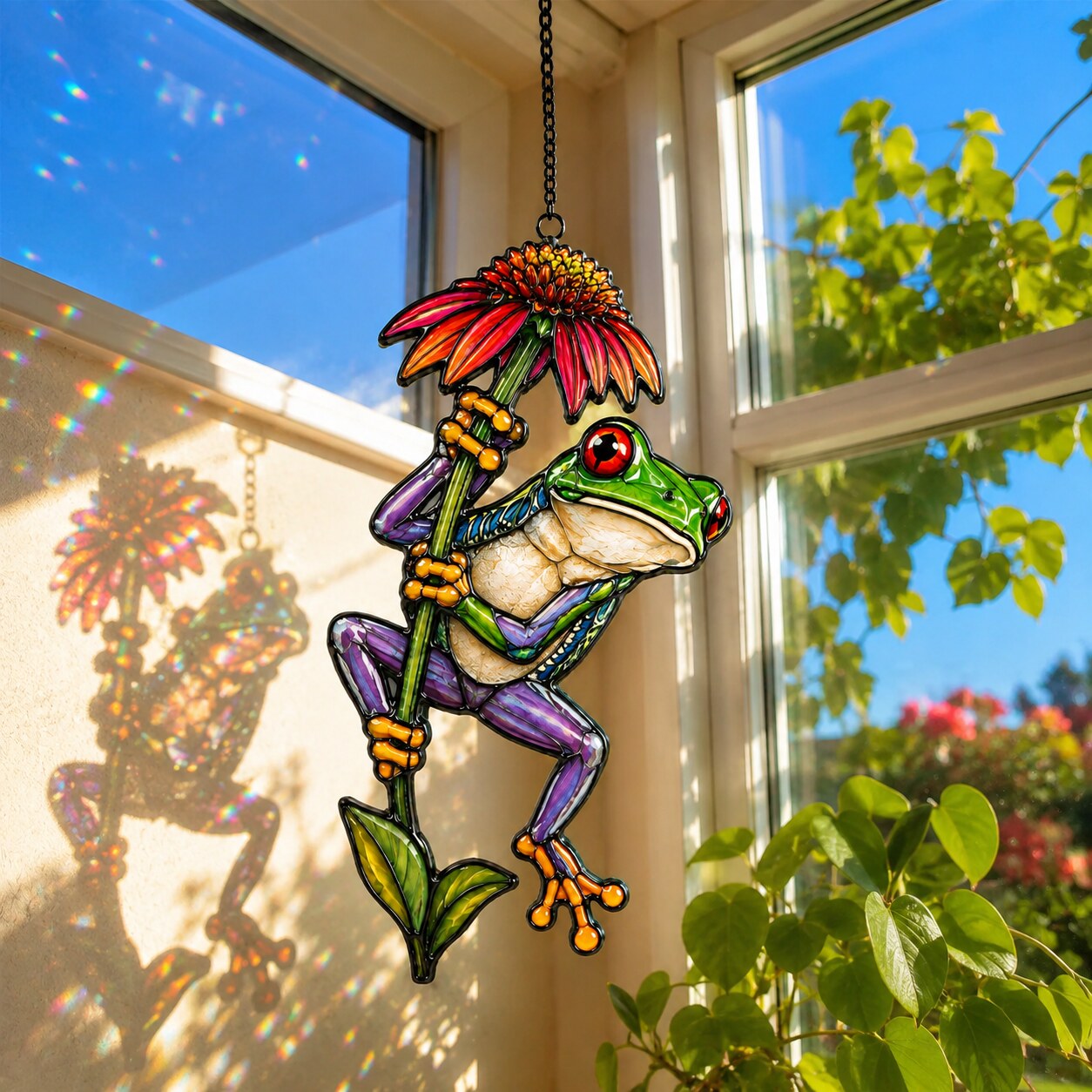 Red-Eyed Tree Frog & Coneflower Holographic Acrylic Suncatcher
