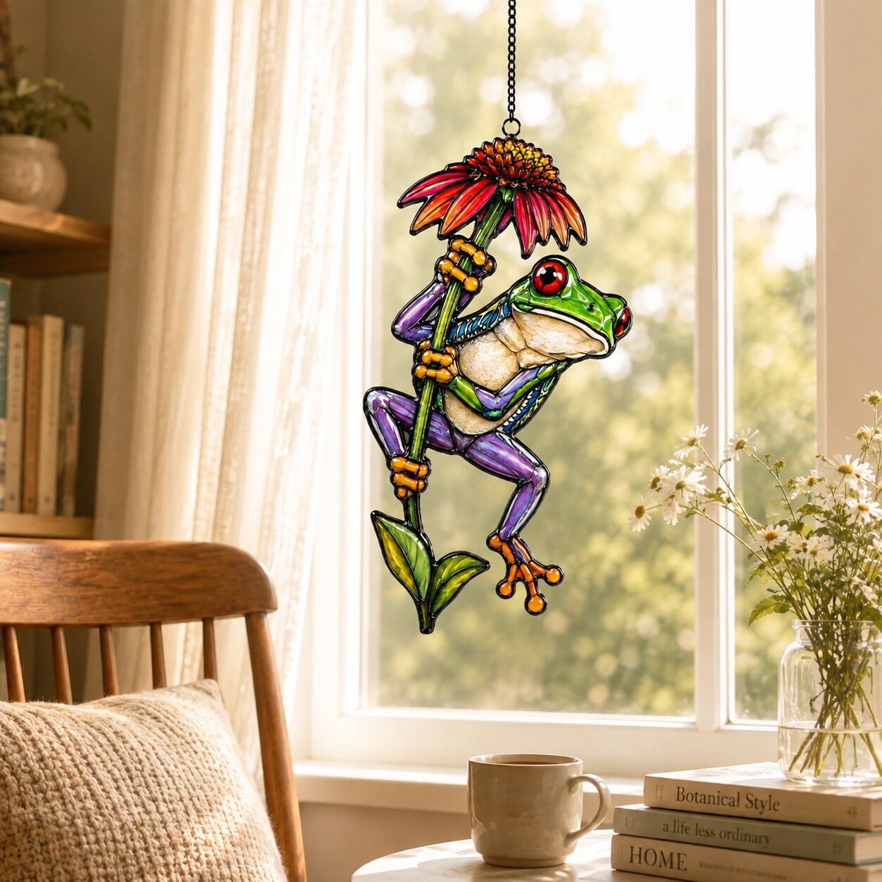 Red-Eyed Tree Frog & Coneflower Holographic Acrylic Suncatcher