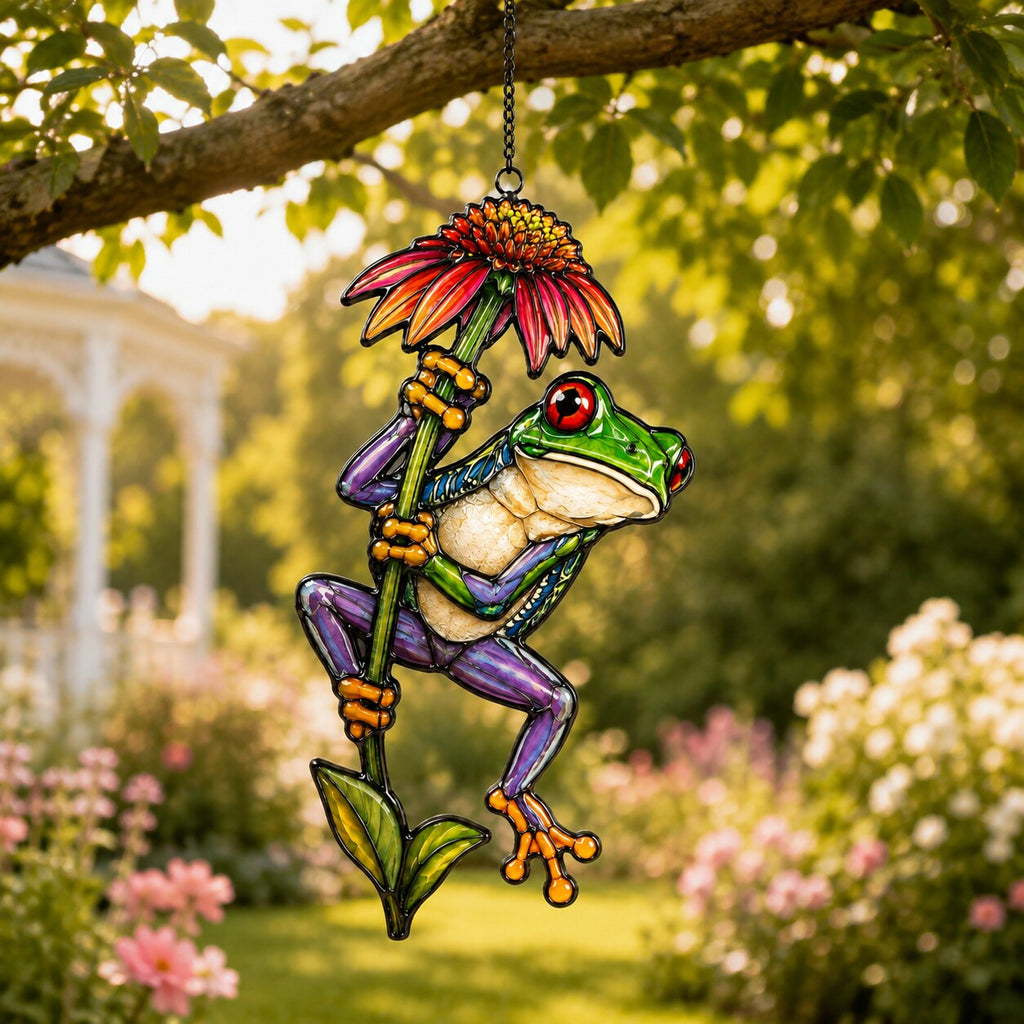 Red-Eyed Tree Frog & Coneflower Holographic Acrylic Suncatcher