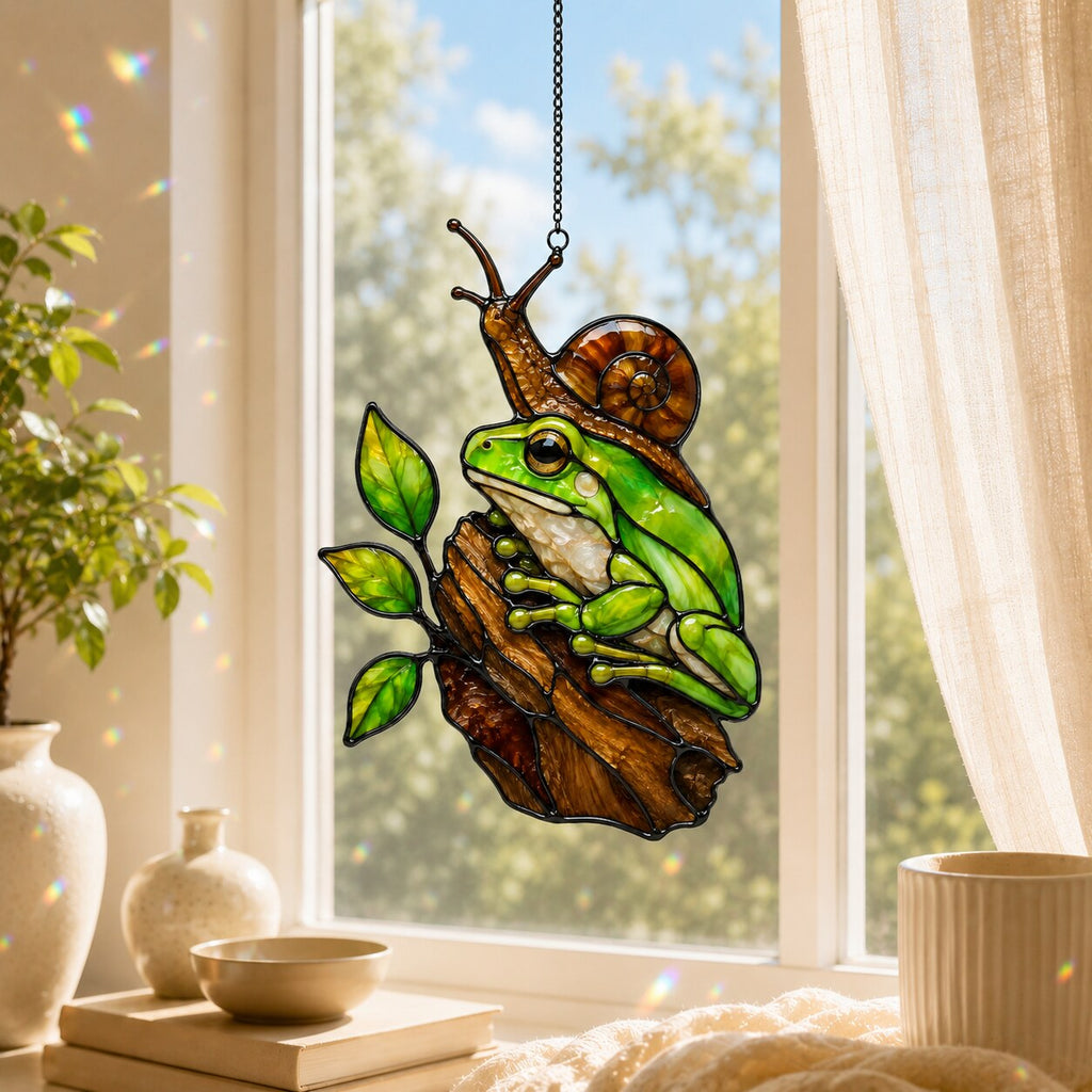 Green Frog & Snail Holographic Acrylic Suncatcher