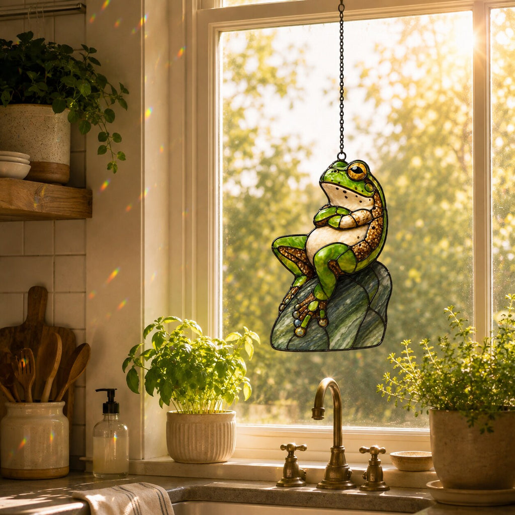 Green Frog on Rock Holographic Acrylic Suncatcher