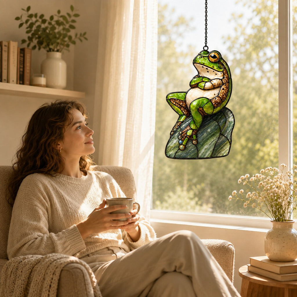 Green Frog on Rock Holographic Acrylic Suncatcher