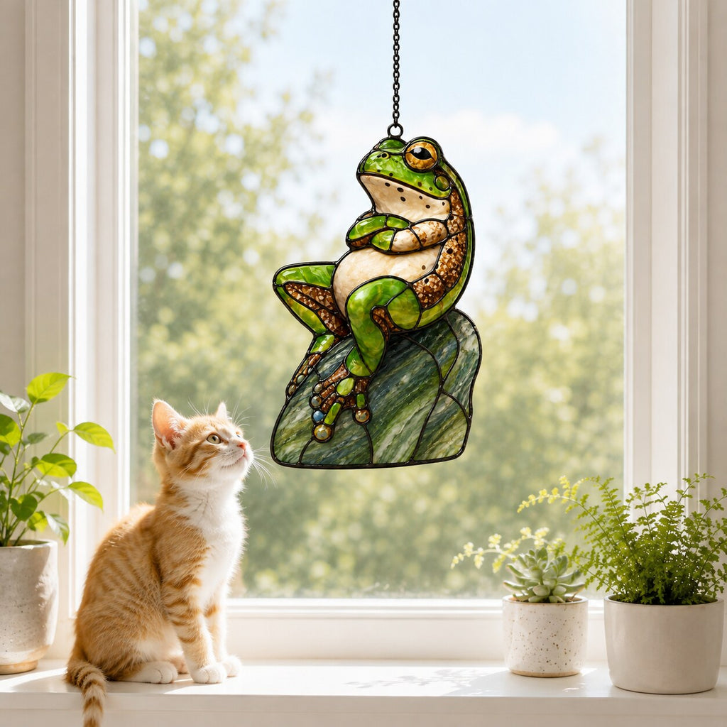 Green Frog on Rock Holographic Acrylic Suncatcher