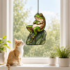 Green Frog on Rock Holographic Acrylic Suncatcher