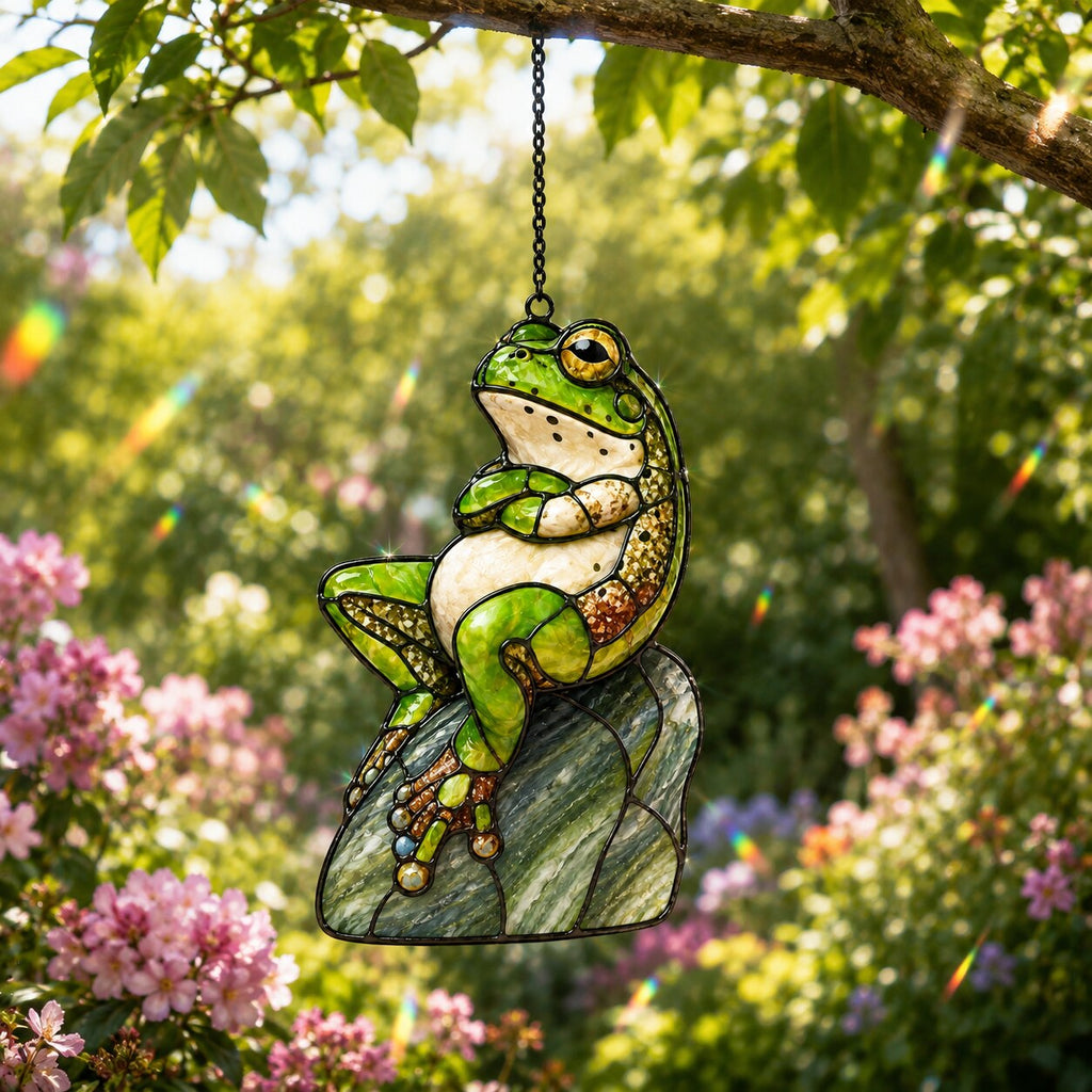 Green Frog on Rock Holographic Acrylic Suncatcher