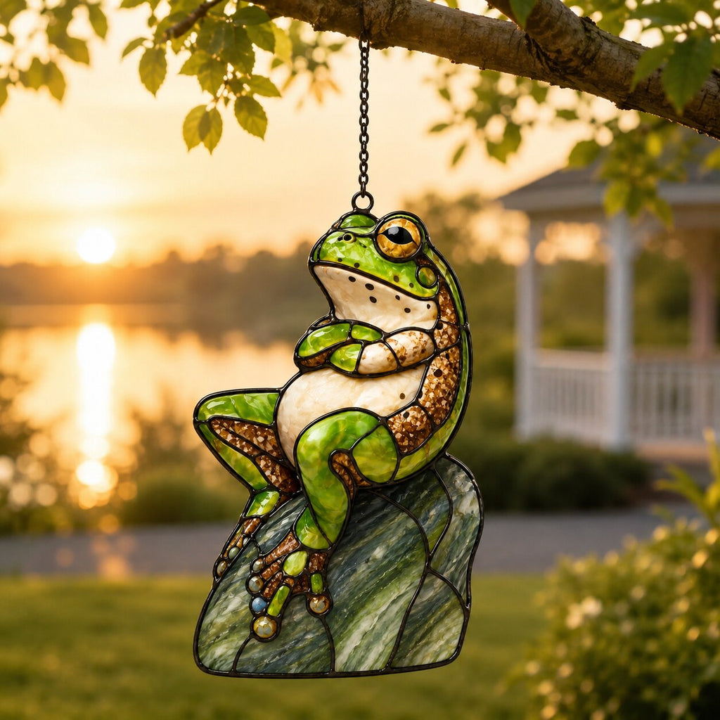 Green Frog on Rock Holographic Acrylic Suncatcher