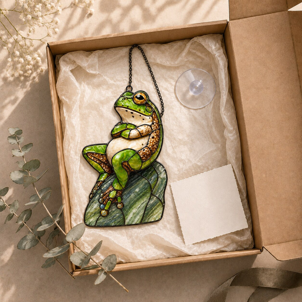 Green Frog on Rock Holographic Acrylic Suncatcher