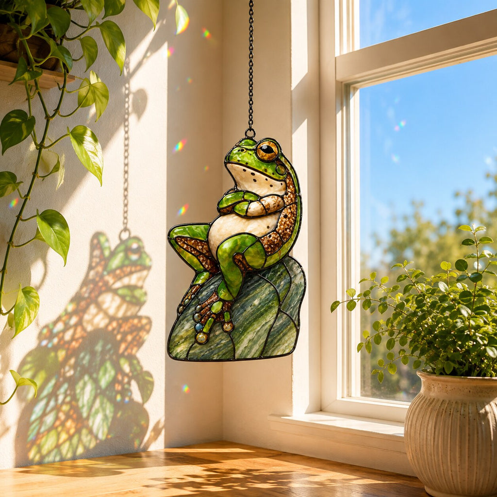 Green Frog on Rock Holographic Acrylic Suncatcher