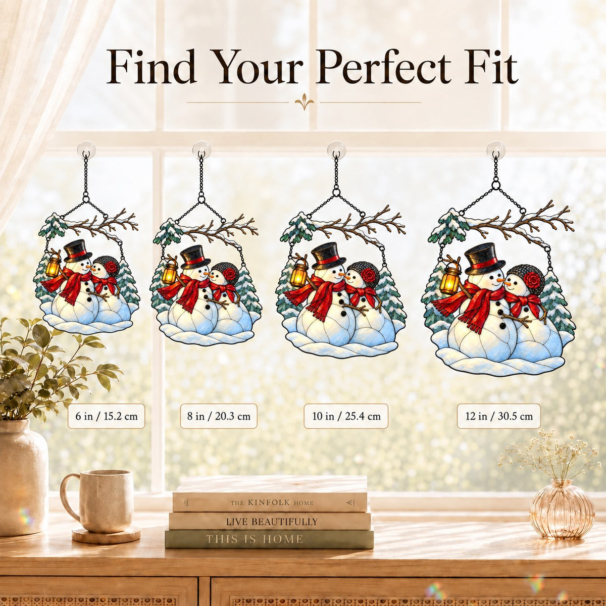 Snowman Couple with Lantern Under Snowy Branch Holographic Acrylic Suncatcher