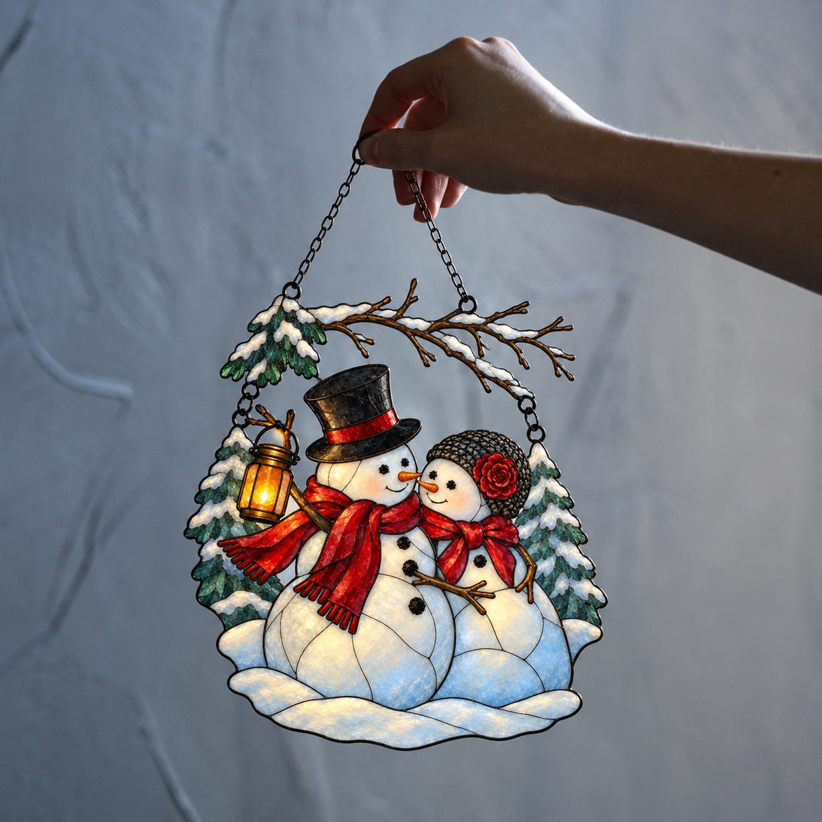 Snowman Couple with Lantern Under Snowy Branch Holographic Acrylic Suncatcher
