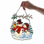 Snowman Couple with Lantern Under Snowy Branch Holographic Acrylic Suncatcher