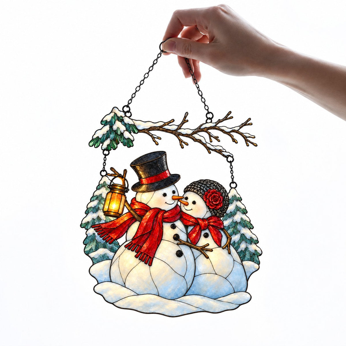 Snowman Couple with Lantern Under Snowy Branch Holographic Acrylic Suncatcher
