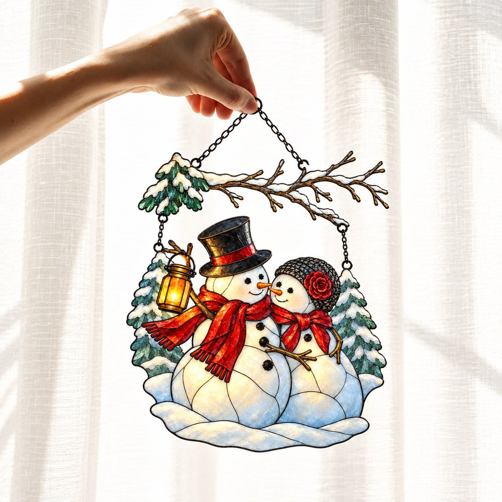 Snowman Couple with Lantern Under Snowy Branch Holographic Acrylic Suncatcher