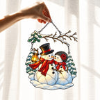 Snowman Couple with Lantern Under Snowy Branch Holographic Acrylic Suncatcher