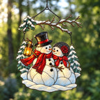 Snowman Couple with Lantern Under Snowy Branch Holographic Acrylic Suncatcher