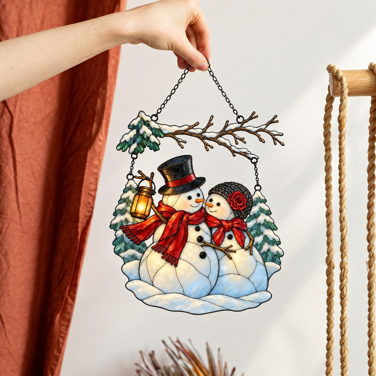 Snowman Couple with Lantern Under Snowy Branch Holographic Acrylic Suncatcher