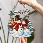 Snowman Couple with Lantern Under Snowy Branch Holographic Acrylic Suncatcher