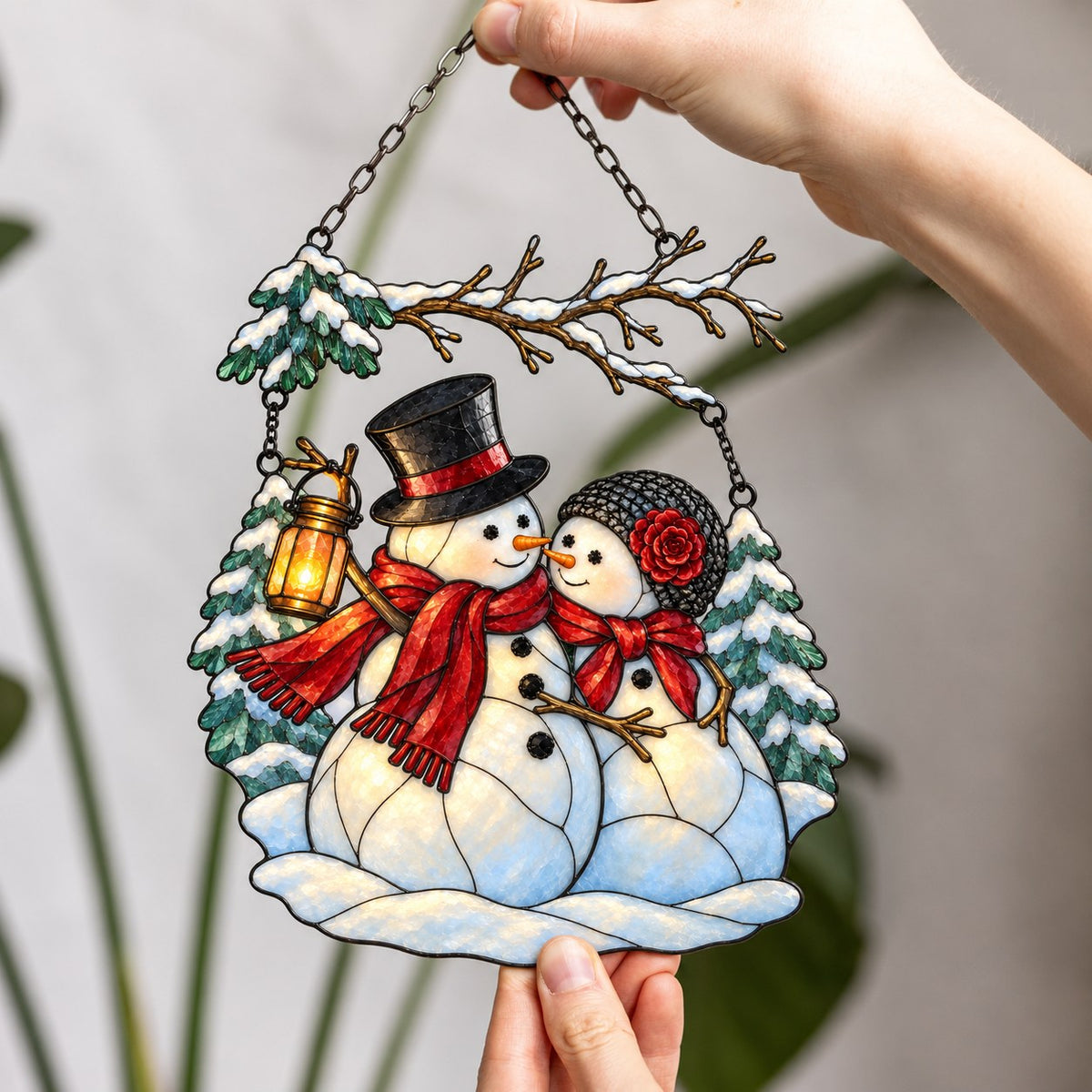 Snowman Couple with Lantern Under Snowy Branch Holographic Acrylic Suncatcher