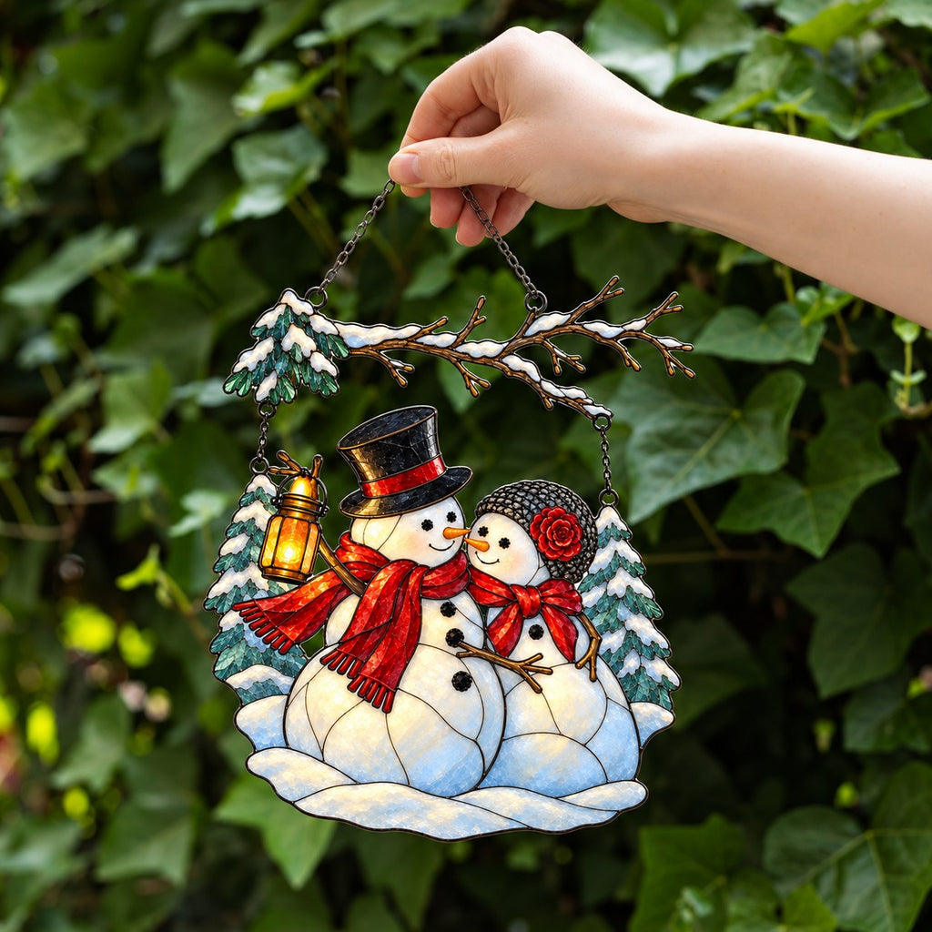 Snowman Couple with Lantern Under Snowy Branch Holographic Acrylic Suncatcher