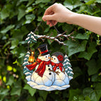 Snowman Couple with Lantern Under Snowy Branch Holographic Acrylic Suncatcher