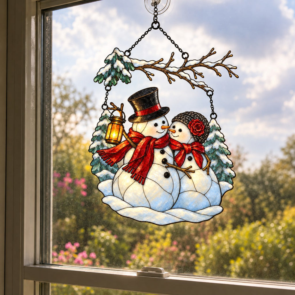 Snowman Couple with Lantern Under Snowy Branch Holographic Acrylic Suncatcher