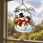 Snowman Couple with Lantern Under Snowy Branch Holographic Acrylic Suncatcher