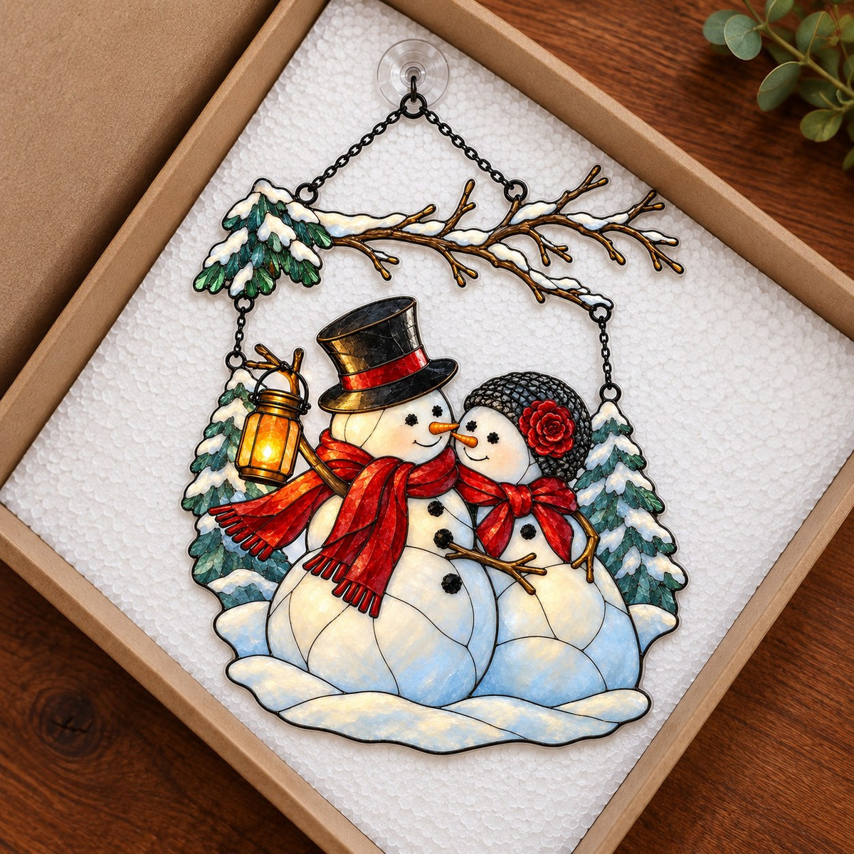 Snowman Couple with Lantern Under Snowy Branch Holographic Acrylic Suncatcher
