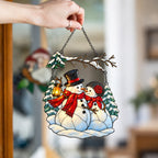 Snowman Couple with Lantern Under Snowy Branch Holographic Acrylic Suncatcher