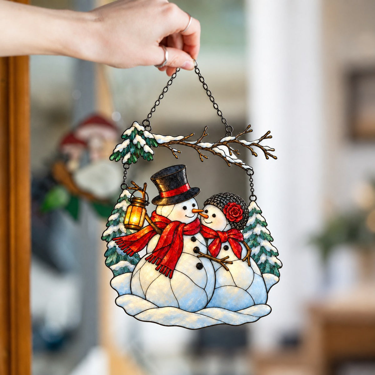 Snowman Couple with Lantern Under Snowy Branch Holographic Acrylic Suncatcher