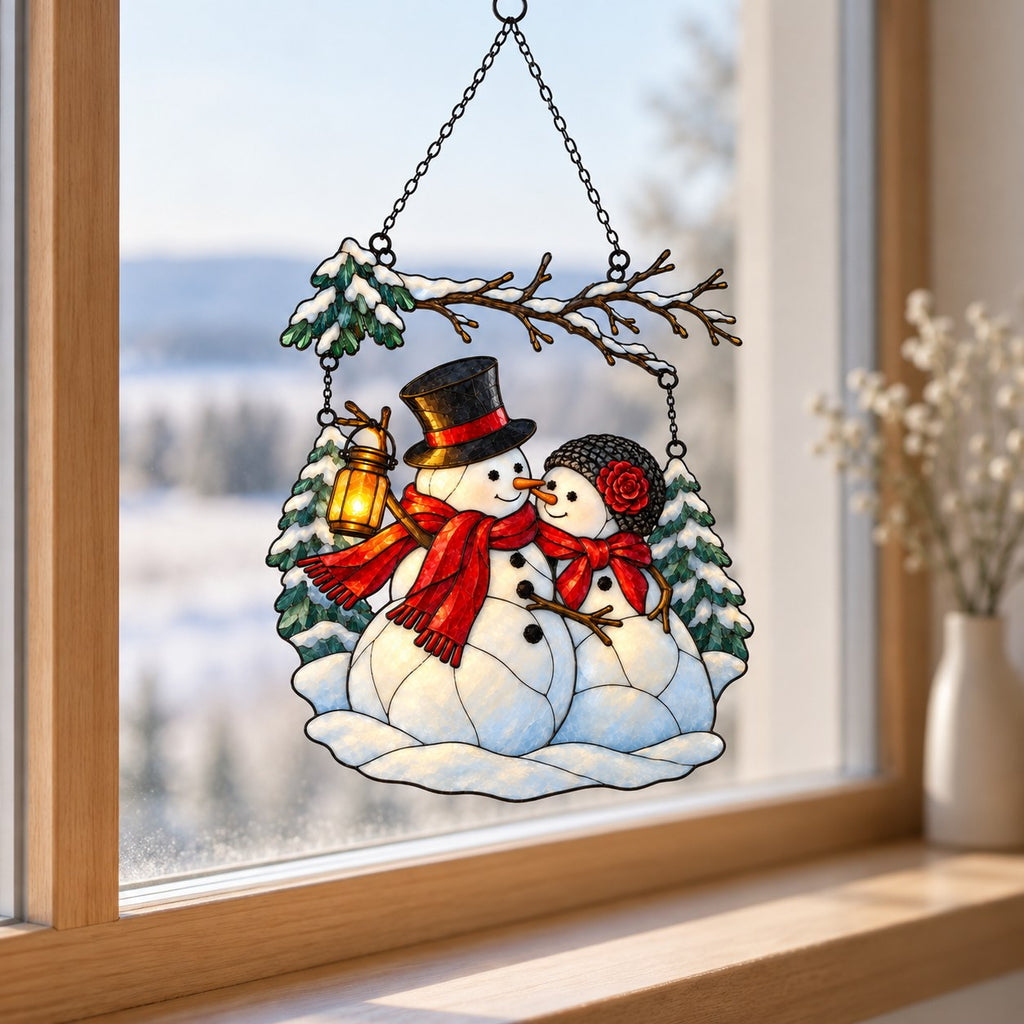 Snowman Couple with Lantern Under Snowy Branch Holographic Acrylic Suncatcher
