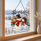 Snowman Couple with Lantern Under Snowy Branch Holographic Acrylic Suncatcher