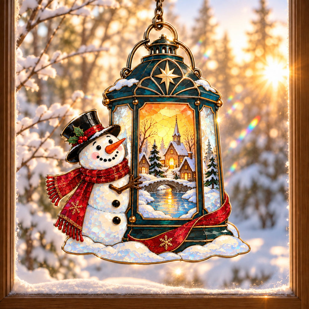 Snowman with Lantern and Snowy Village Holographic Acrylic Suncatcher