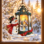 Snowman with Lantern and Snowy Village Holographic Acrylic Suncatcher