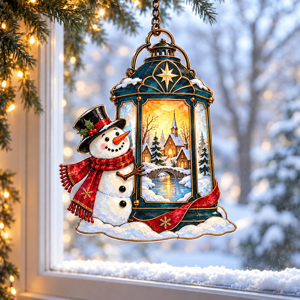 Snowman with Lantern and Snowy Village Holographic Acrylic Suncatcher