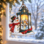 Snowman with Lantern and Snowy Village Holographic Acrylic Suncatcher