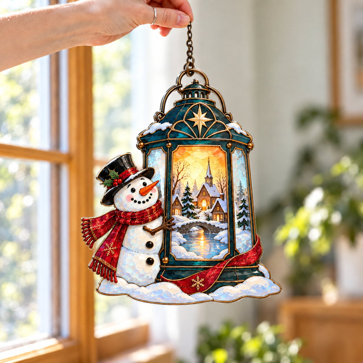 Snowman with Lantern and Snowy Village Holographic Acrylic Suncatcher