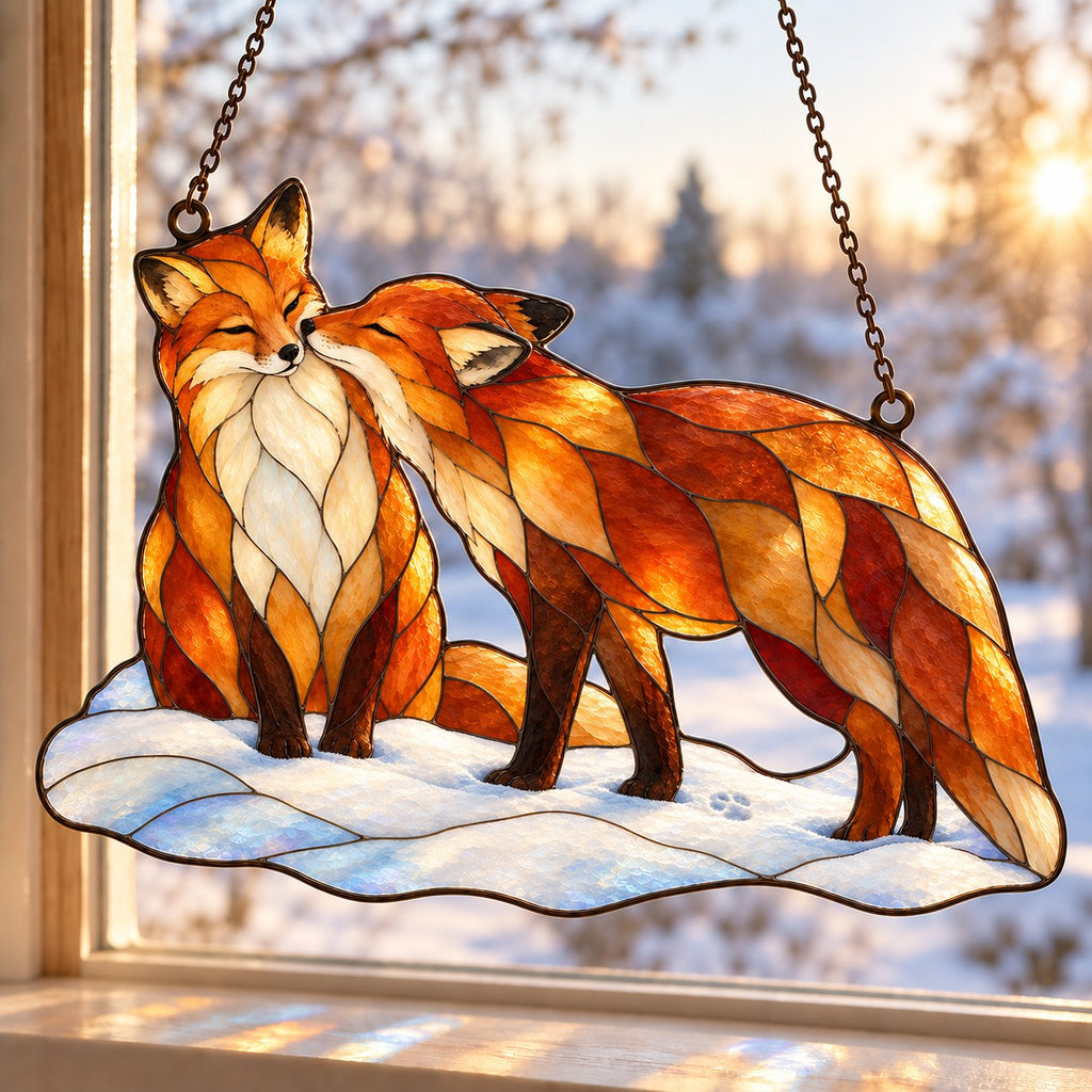 Snuggling Fox Couple in the Snow Holographic Acrylic Suncatcher